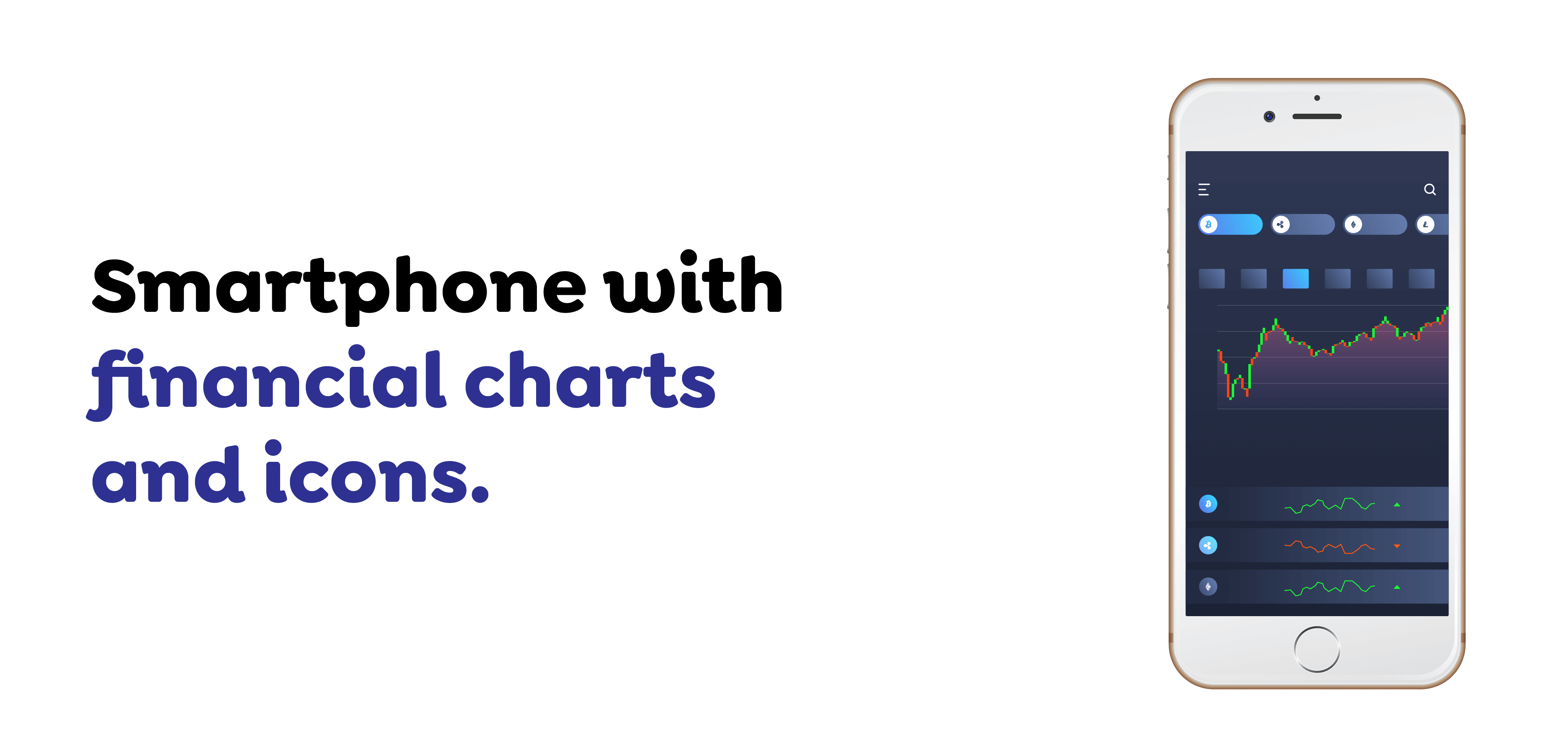 Smartphone with financial charts and icons. 